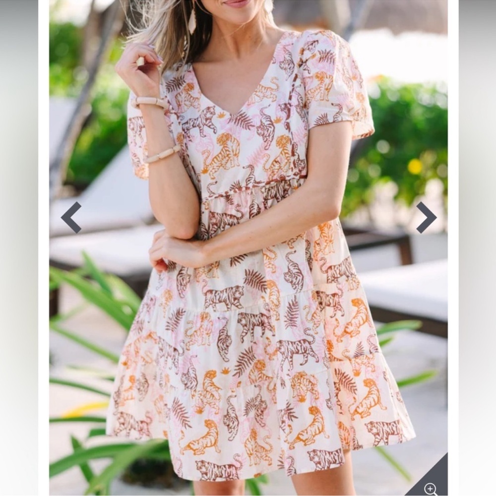 Umgee Cream White Tiger Tropical Print V-Neck Linen Mini Dress Beige Large NWT